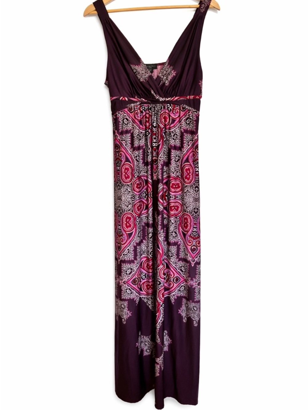 Boho Paisley Maxi Dress Petite Flowy Empire Waist Pink Purple - Picture 2 of 7